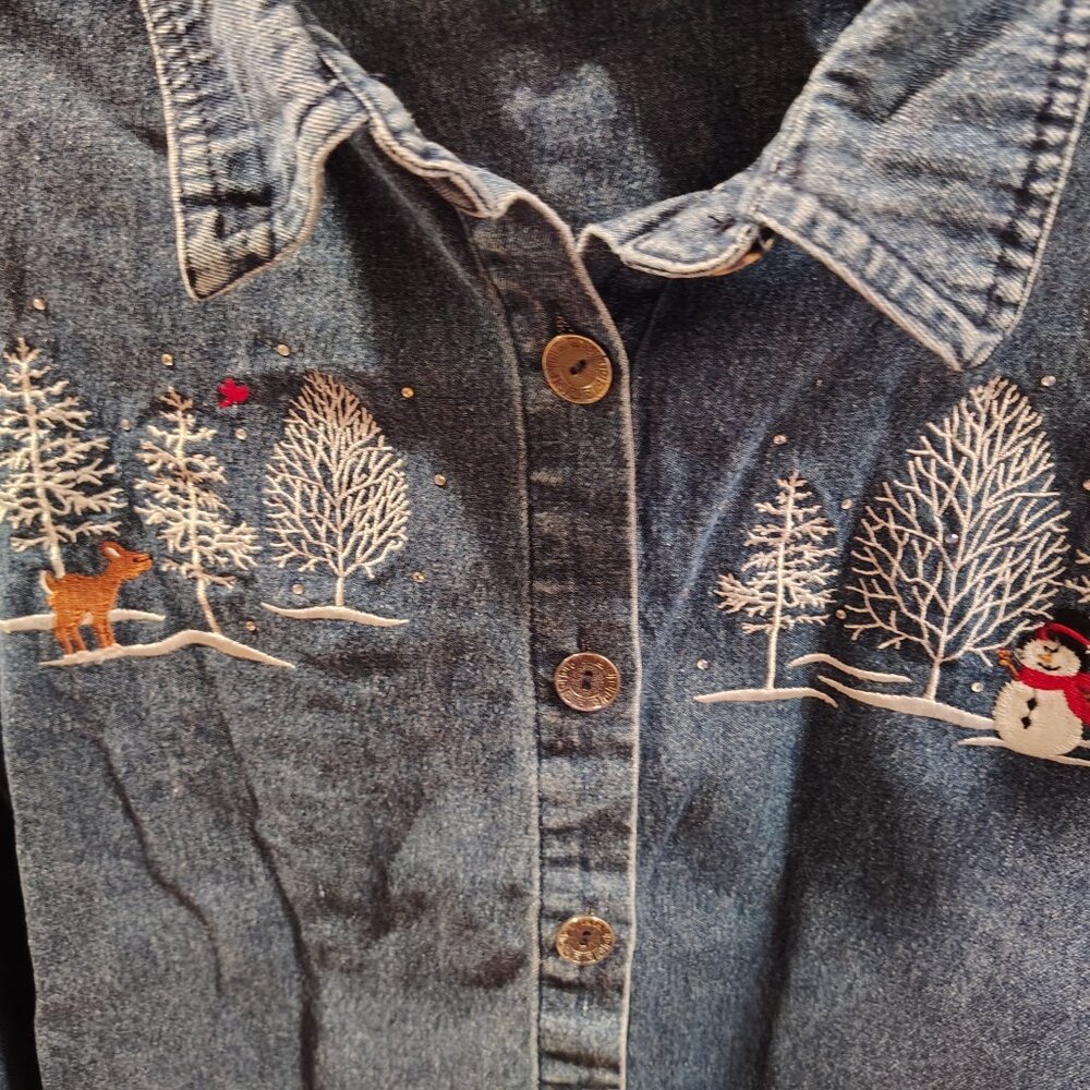 Decorated Originals Vintage Embroidered Christmas Denim Button Front Shirt XL - Picture 6 of 12